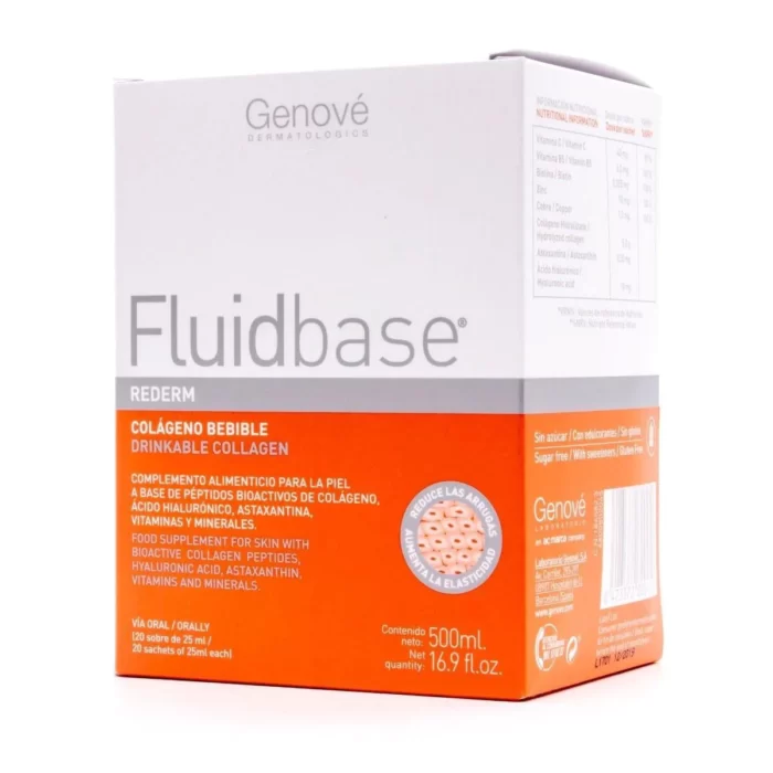 Fluidbase rederm colágeno bebible promueve la regeneración cutánea ayudando a combatir los signos del envejecimiento desde el interior.