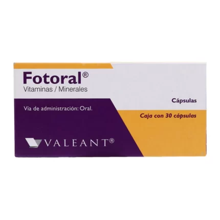 Fotoral 30 Caps (Valeant) es un complejo vitamínico y mineral antioxidante de administración sistemática que retrasa el proceso de fotoenvejecimiento celular a través de la disminución del impacto que genera los radicales libres.