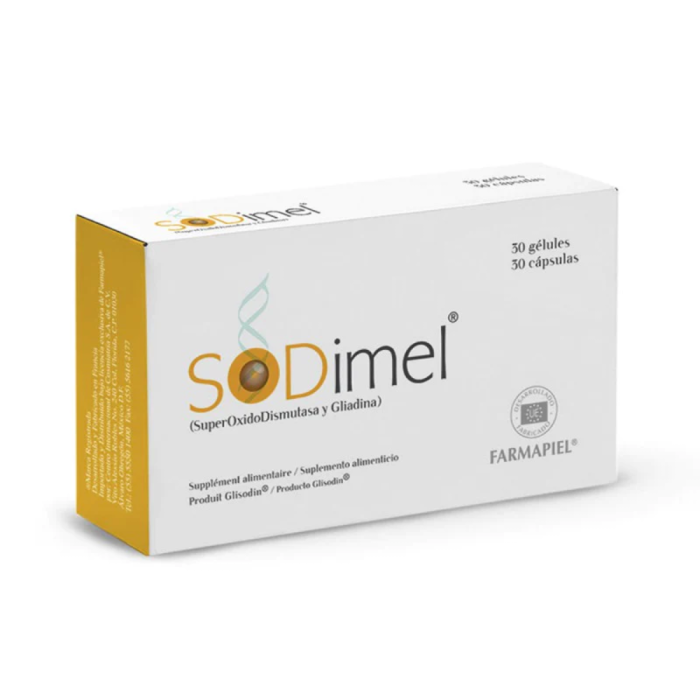 Sodimel 30 caps (Farmapiel) Antioxidante Natural. Auxiliar en la prevención del fotodaño y el envejecimiento prematuro. Previene el fotodaño solar.