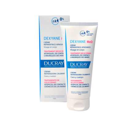 Dexyane Med Crema. Refacción. Fortalece la barrera cutánea. Nutre - Calma - Protege. Esta crema se recomienda para la piel muy seca con tendencia al eczema.