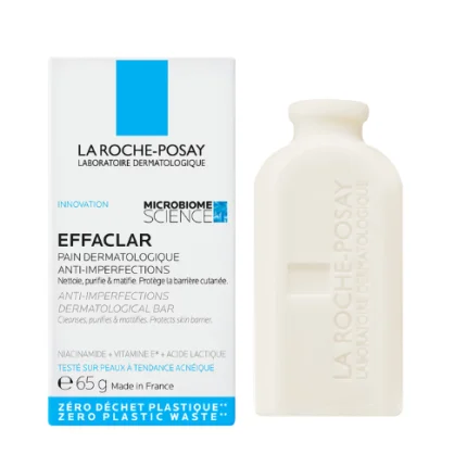 Effaclar Barra 65gr (La Roche) Jabón en barra dermatológico que limpia, purifica y matifica la piel grasa y con tendencia acnéica, ayudando a desobstruir los poros sin resecar.
