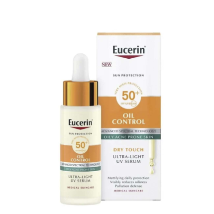 Oil Control Serum Ultra Light SPF 50+ (Eucerin) es un protector solar facial de alta tecnología, específicamente diseñado para las necesidades de la piel grasa y con tendencia al acné que busca una protección superior sin sensación pesada.