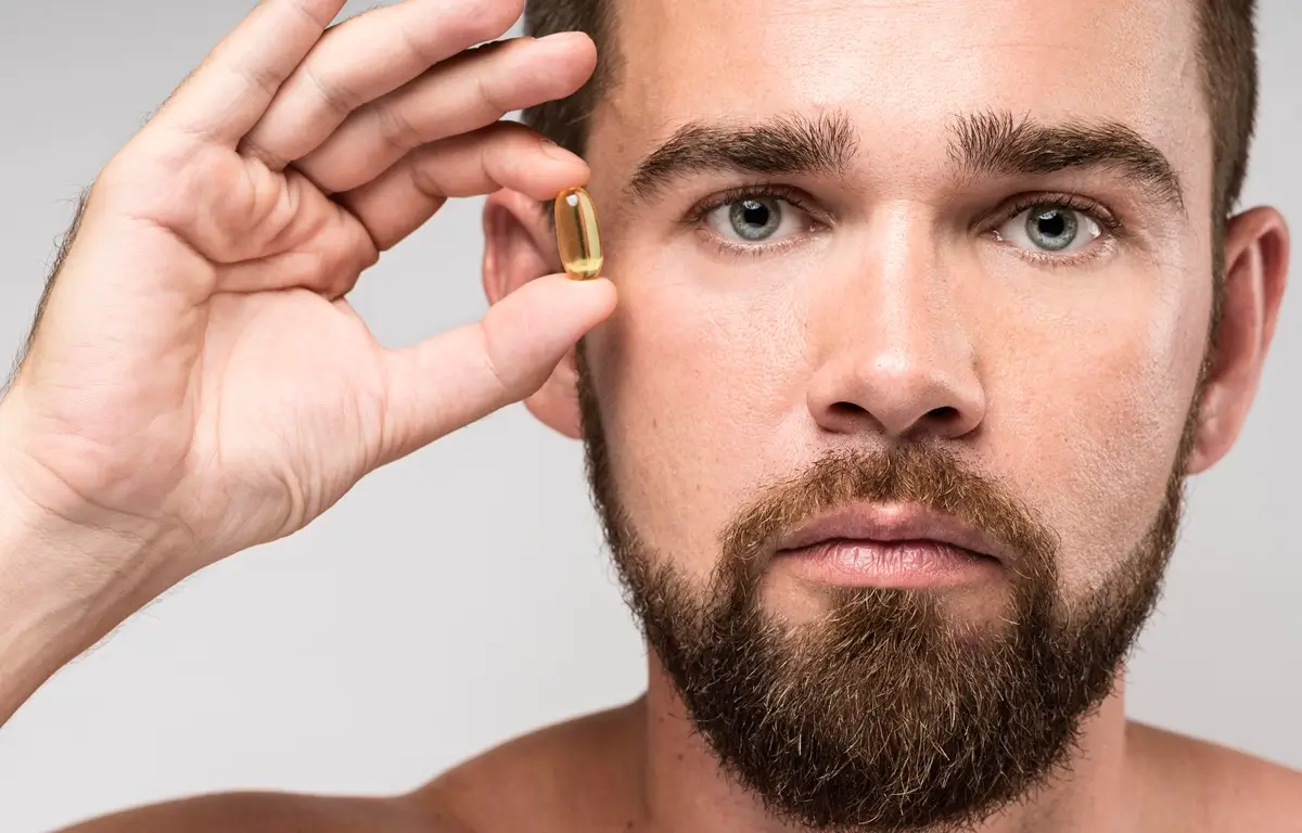 man holding pill his face